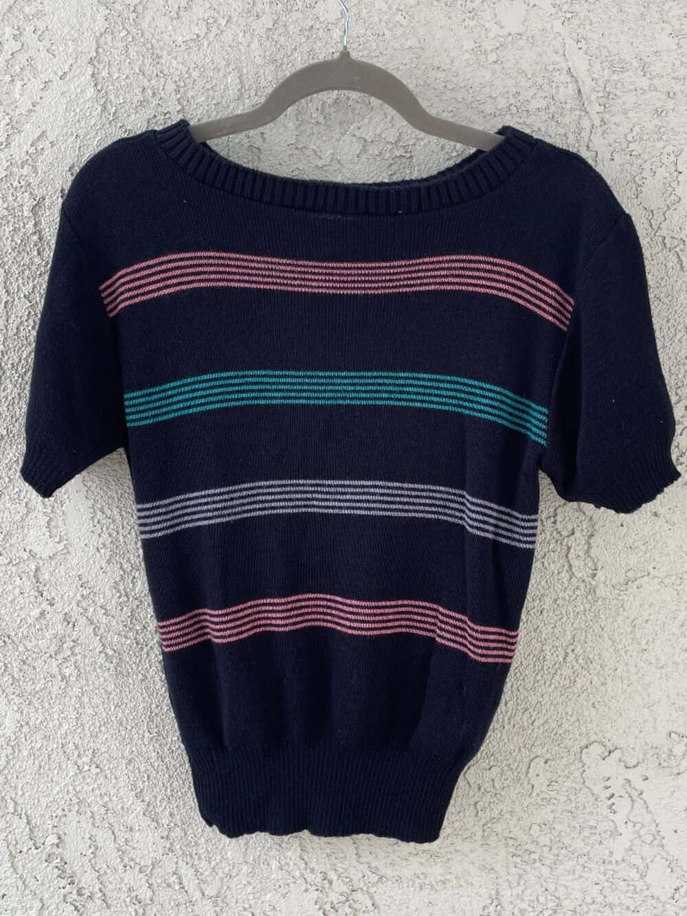 Vintage Barry & Me 80s Striped Knit Top Black Short Sleeve Retro Top Size Medium